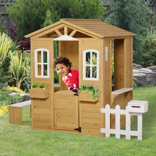 Boy Playing inside of Outsunny Outdoor Playhouse for Kids Natural and White