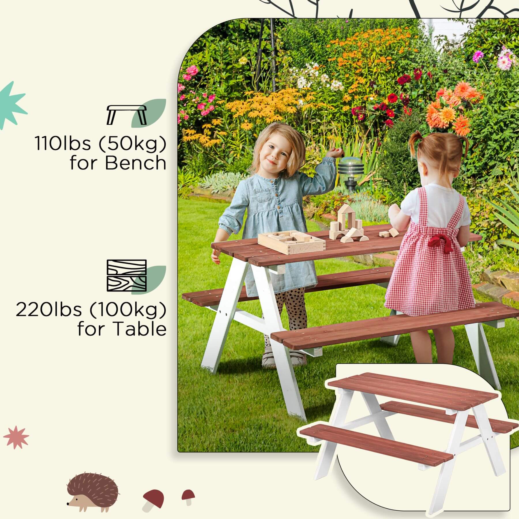 Children playing at a wooden picnic table with bench and table weight capacity text.