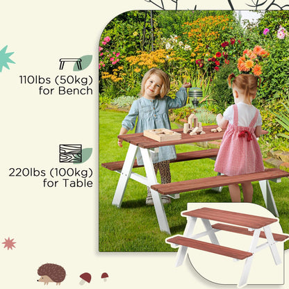 Children playing at a wooden picnic table with bench and table weight capacity text.