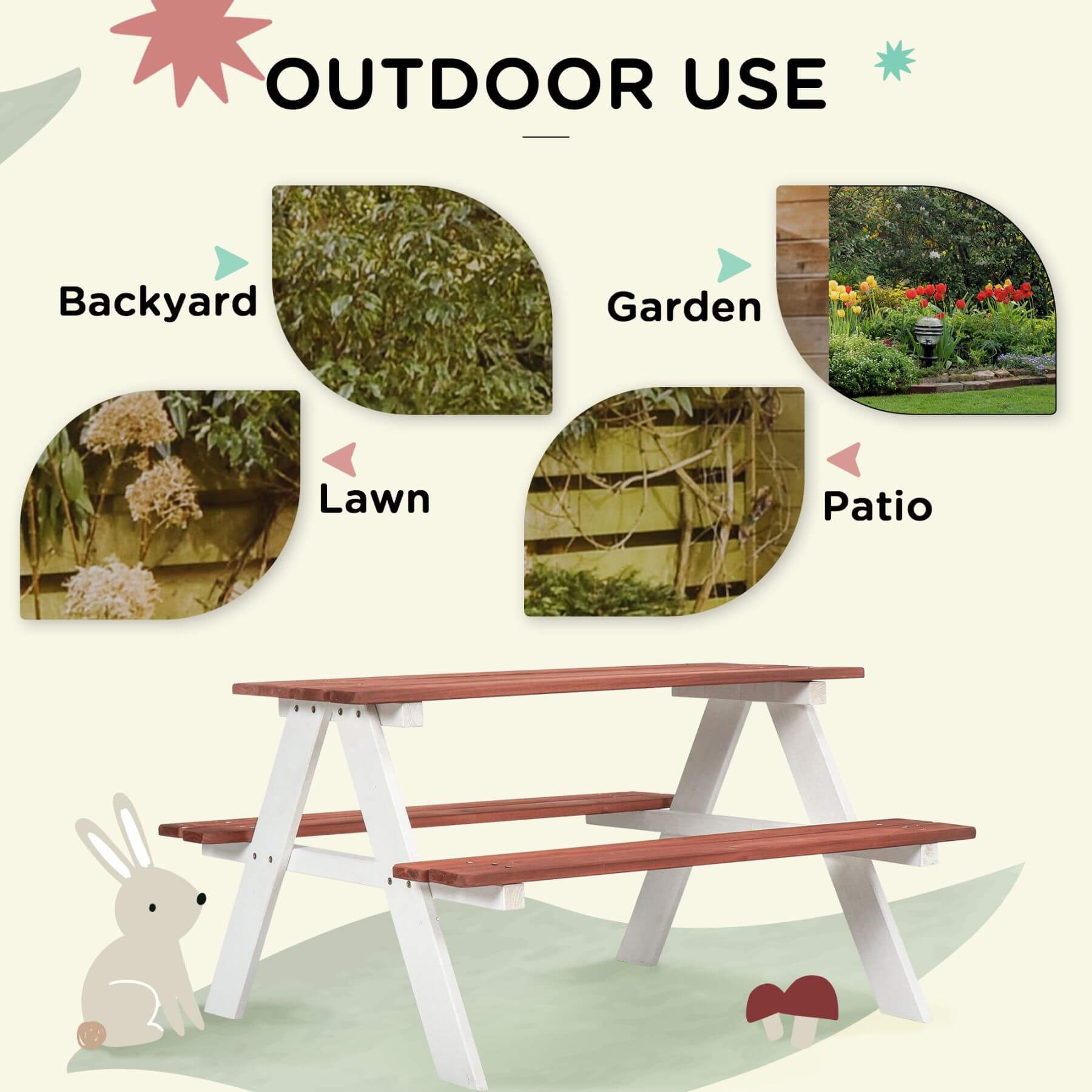 Picnic table with outdoor use scenarios including backyard, garden, lawn, and patio.
