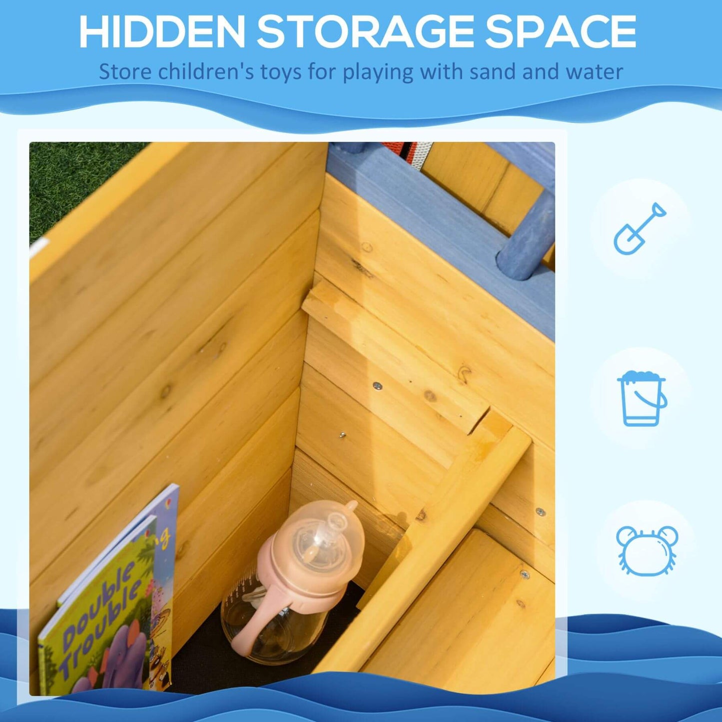 Wooden Sandbox with a hidden storage space for children's toys, featuring a sand and water play theme.
