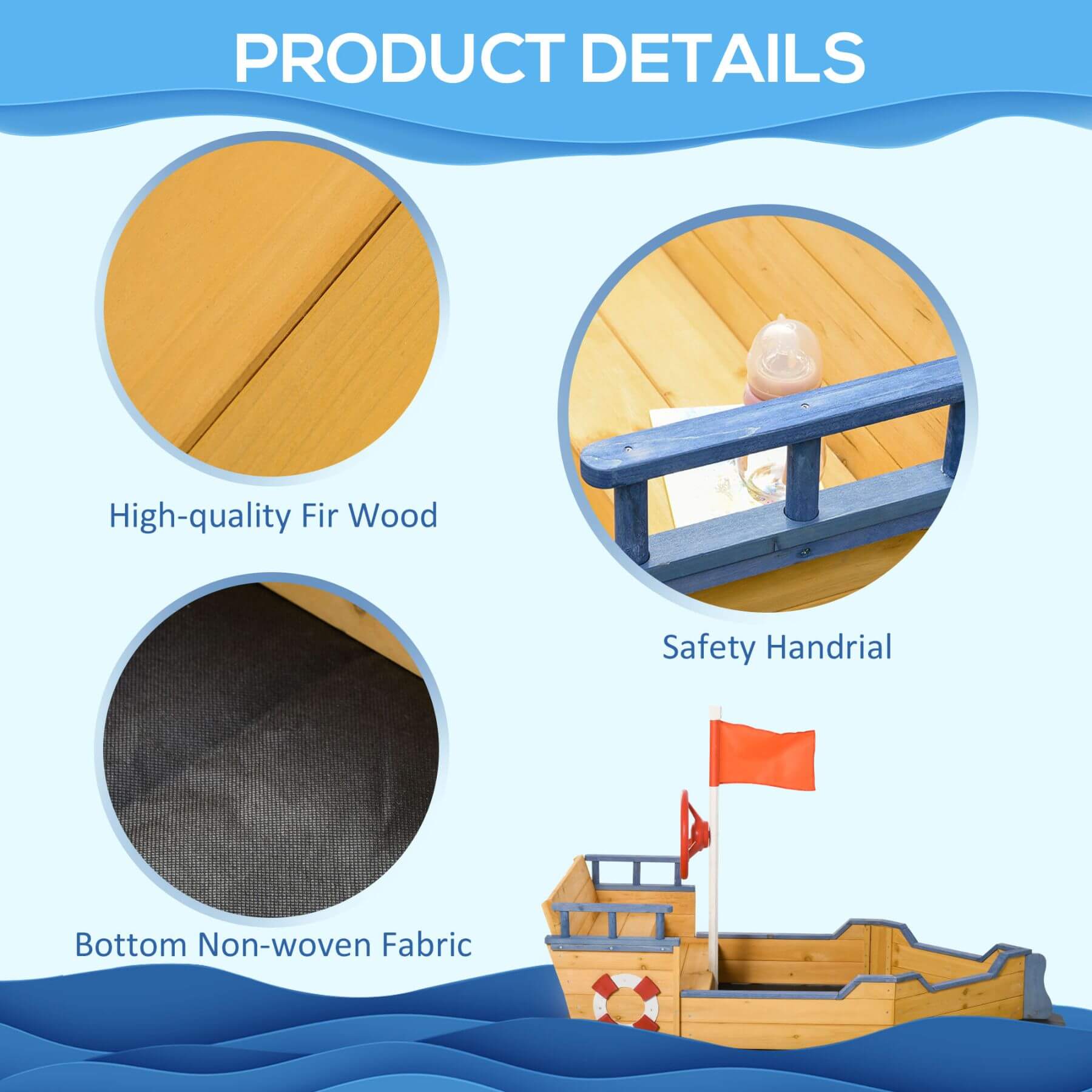 Product details of a wooden boat with high-quality fir wood, safety handrail, and bottom non-woven fabric on a blue wave background.