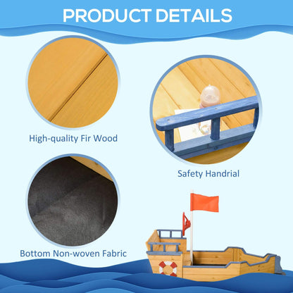 Product details of a wooden boat with high-quality fir wood, safety handrail, and bottom non-woven fabric on a blue wave background.