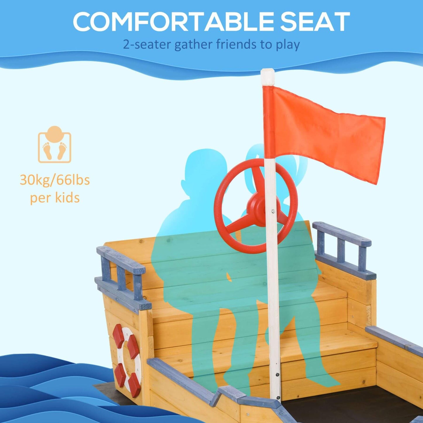 Wooden pirate ship with a red flag and lifebuoys on a blue wave background