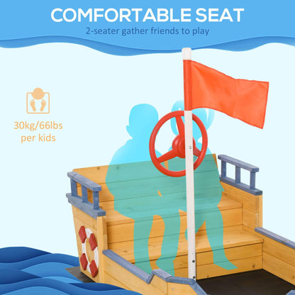 Wooden pirate ship with a red flag and lifebuoys on a blue wave background