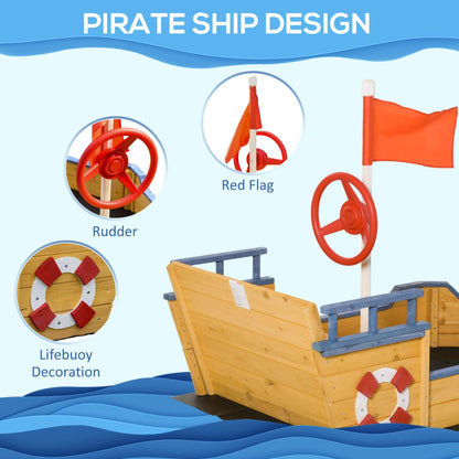 Pirate ship design with red flag, rudder, and lifebuoy decoration on a blue wave background.