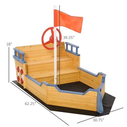 Outsunny Kids Wooden Sandbox Pirate Ship Sandboat with measurements on a white background