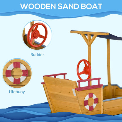 Wooden sand boat with rudder and lifebuoy on a blue wave background