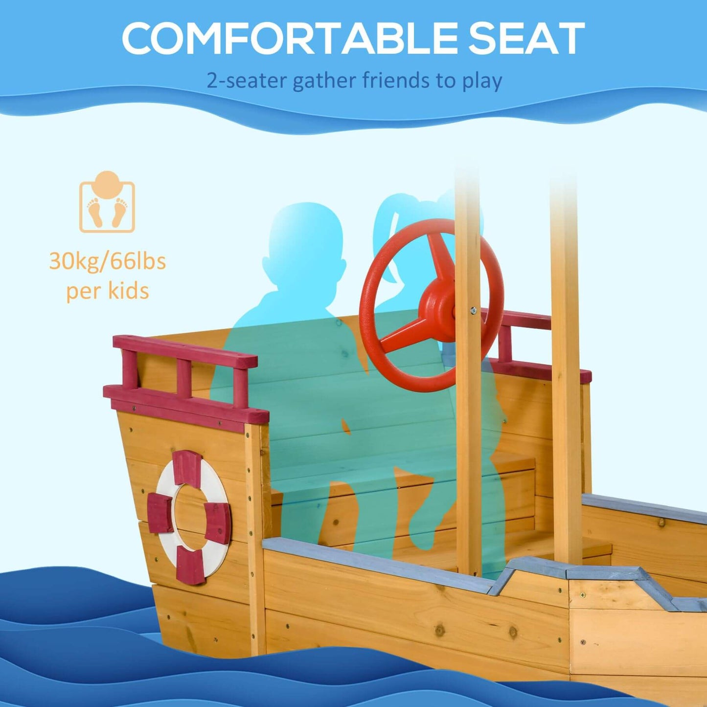 Wooden pirate ship playset with a steering wheel and life buoy on a blue wave background.