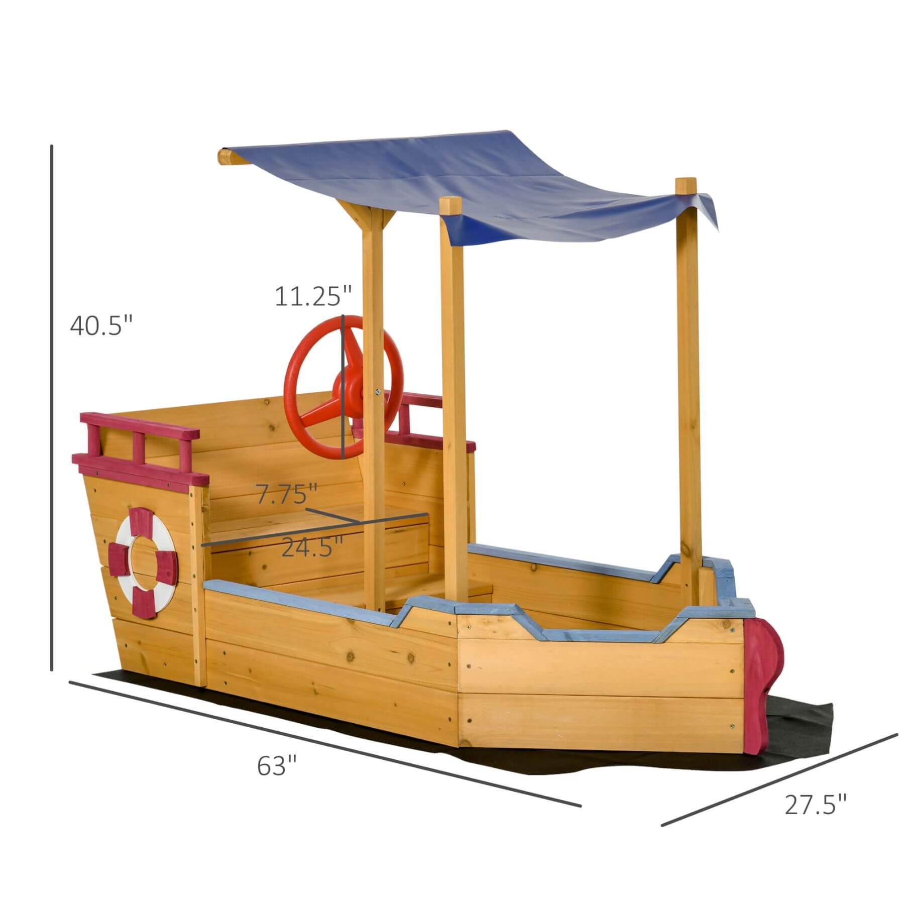 Outsunny Pirate Ship Sandbox - Orange with measurements on a white background