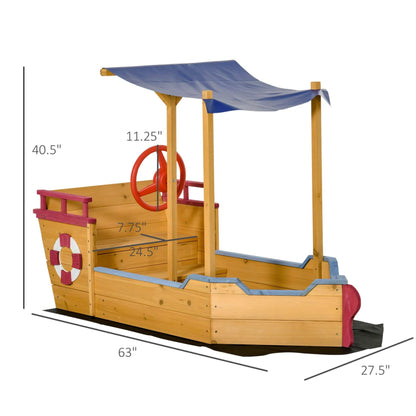 Outsunny Pirate Ship Sandbox - Orange with measurements on a white background