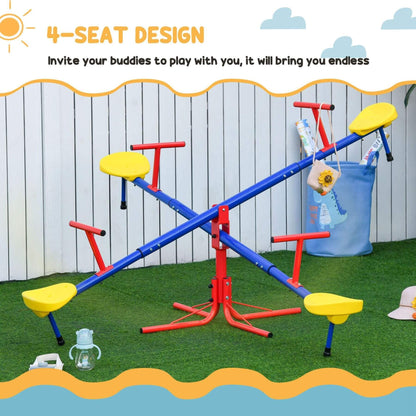 Outsunny Kids 4 Seater Seesaw Swivel Teeter Totter on a grassy area with a white fence in the background.