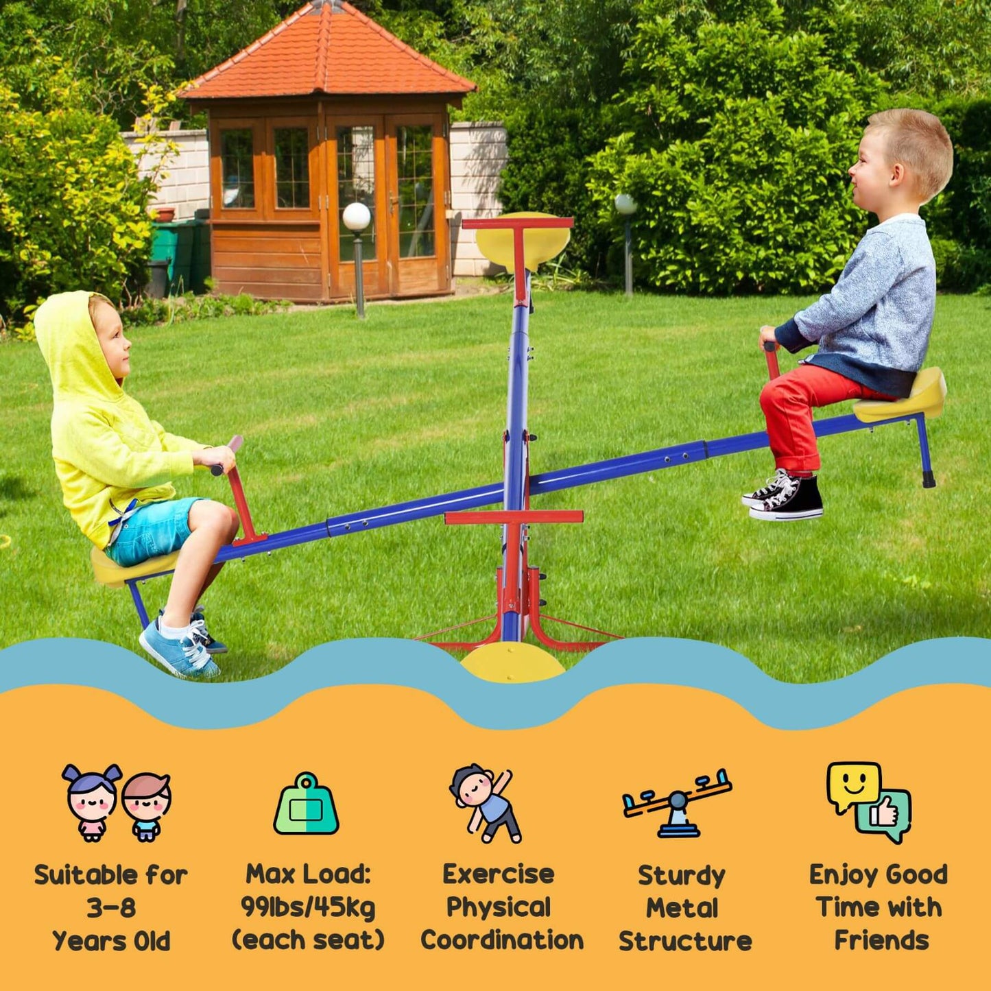 Two children playing on a seesaw in a park with a wooden playhouse in the background.