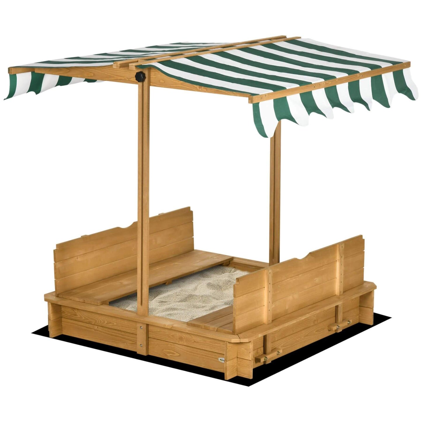 Wooden sandbox with a green and white striped canopy on a white background