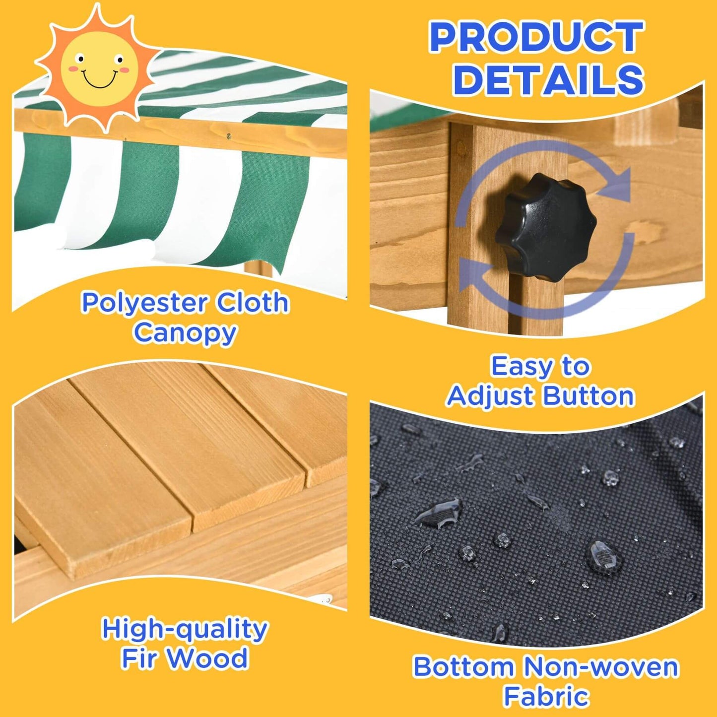 Product details of a wooden outdoor canopy with polyester cloth, high-quality fir wood, and non-woven fabric.