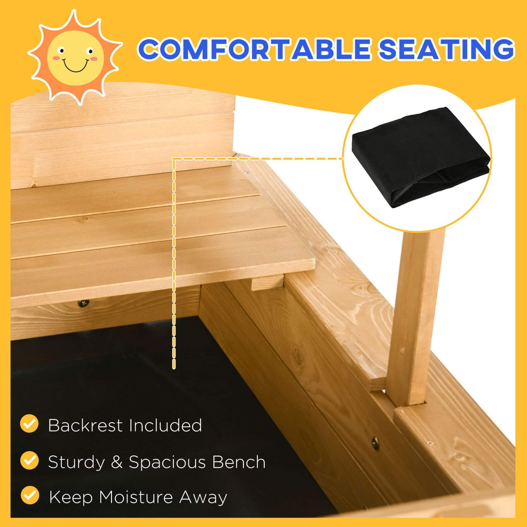 Wooden bench with backrest and black mat, labeled 'Comfortable Seating'.