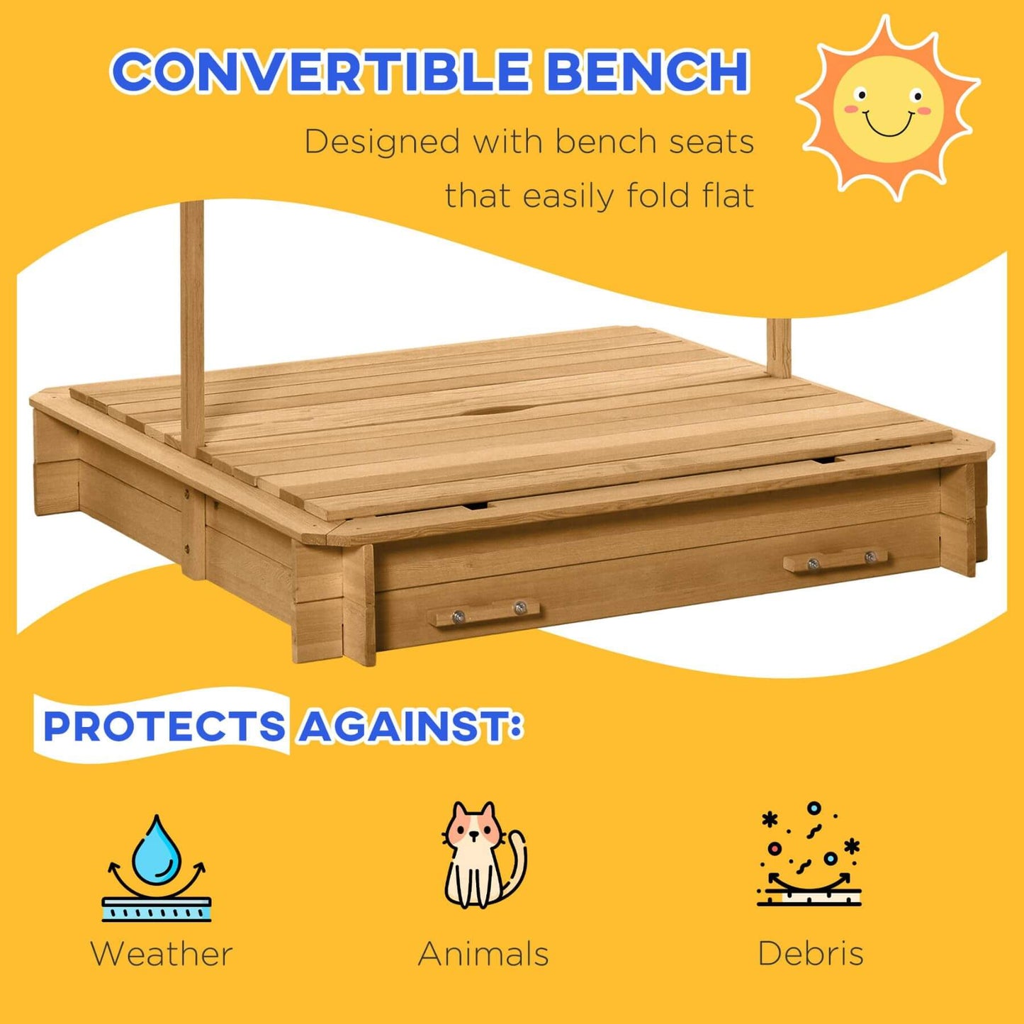 Wooden convertible bench with features highlighted on a yellow background