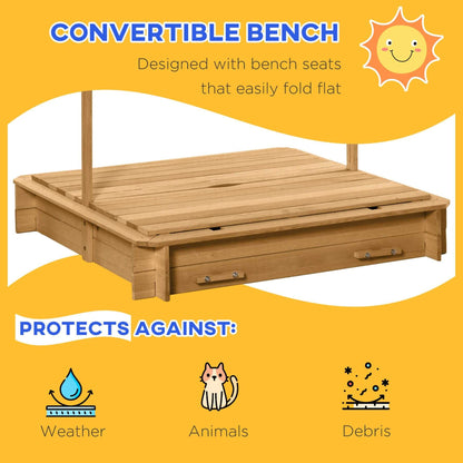 Wooden convertible bench with features highlighted on a yellow background