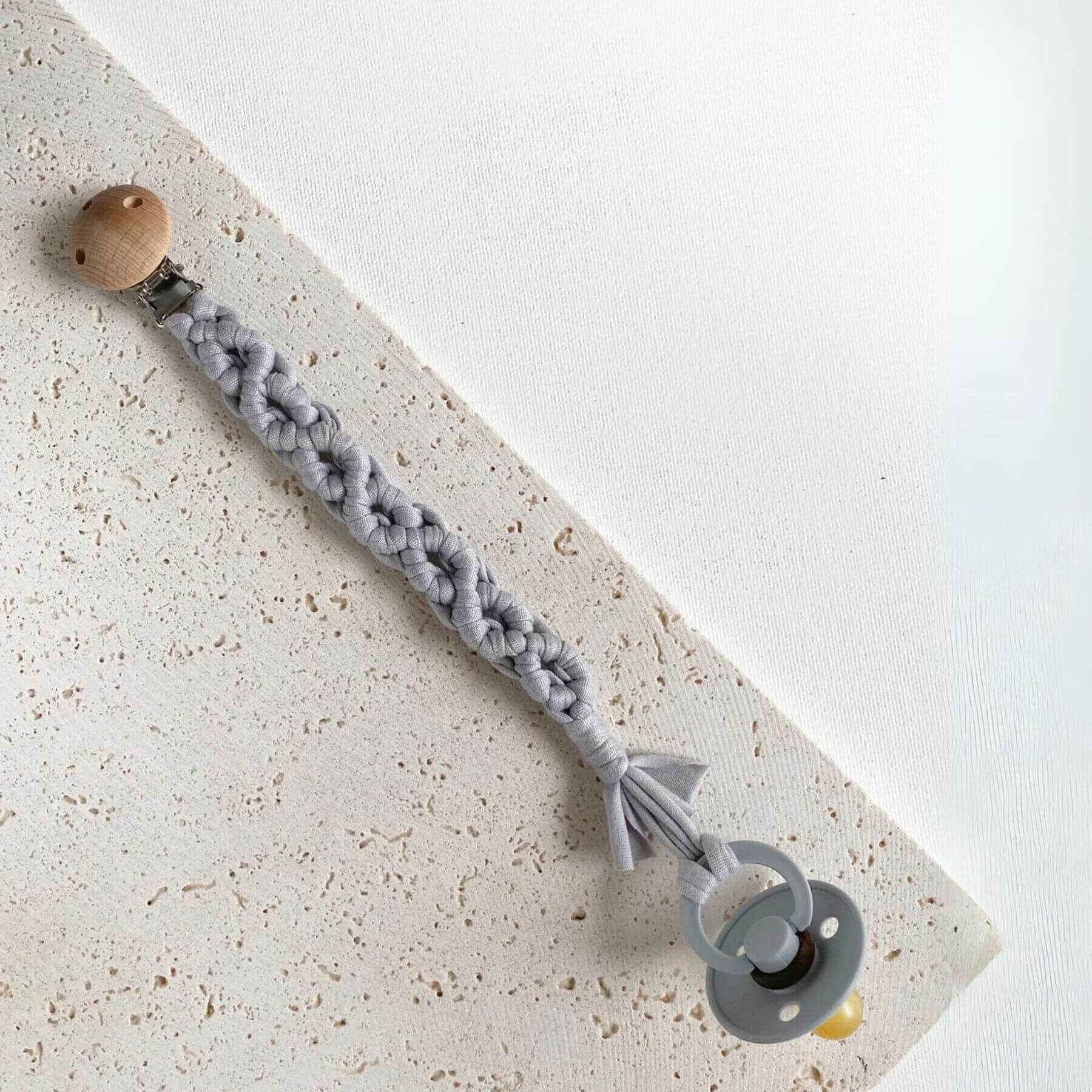 Unique Love Design Pacifier Clip Macrame Light Grey