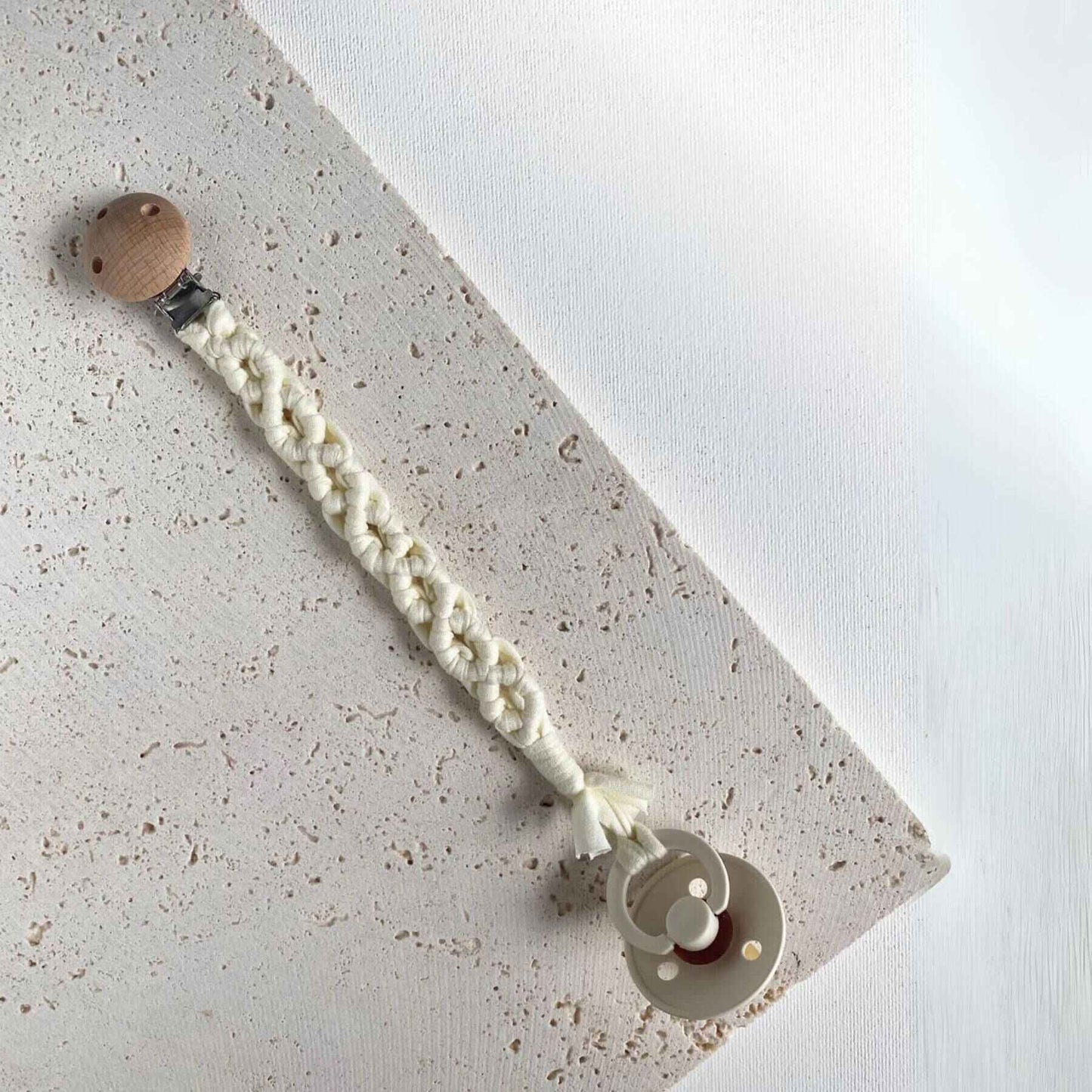 Unique Love Design Pacifier Clip Macrame Sea Shell White