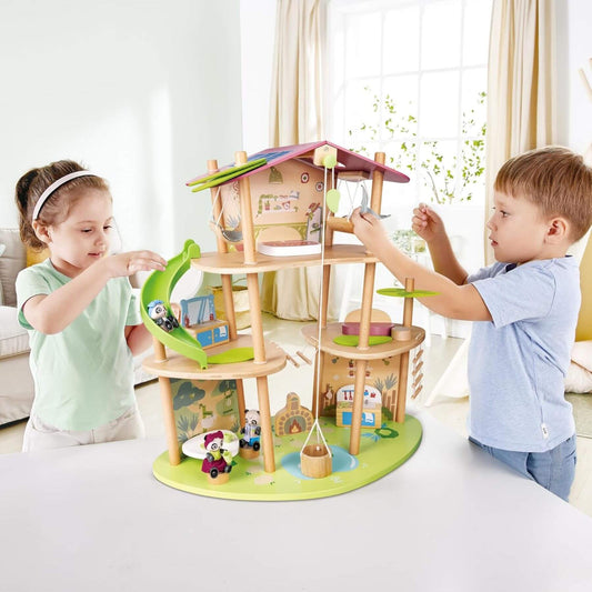Kids Playing Hape Pandas’ Bamboo House