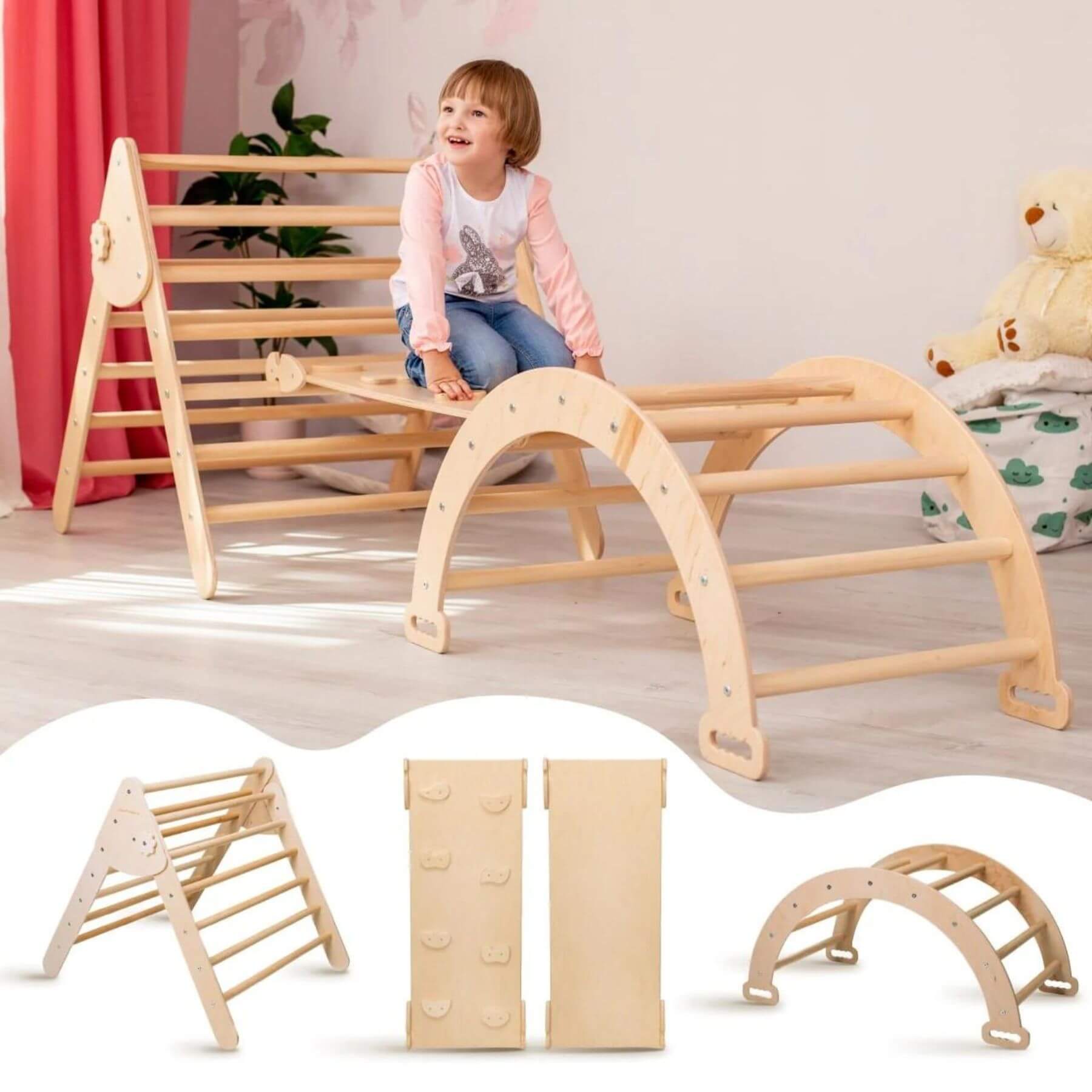 Girl Playing on WoodandHearts Pickler-3 Piece Climbing Indoor Gym, Large