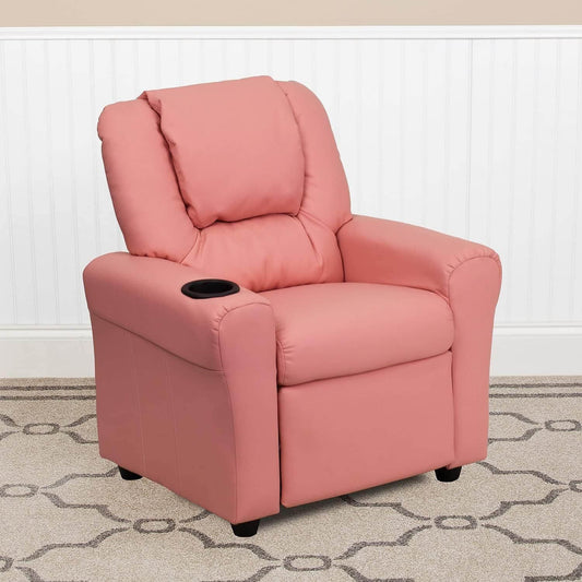 Flash Furniture Contemporary Pink Vinyl Kids Recliner | Cup Holder and Headrest
