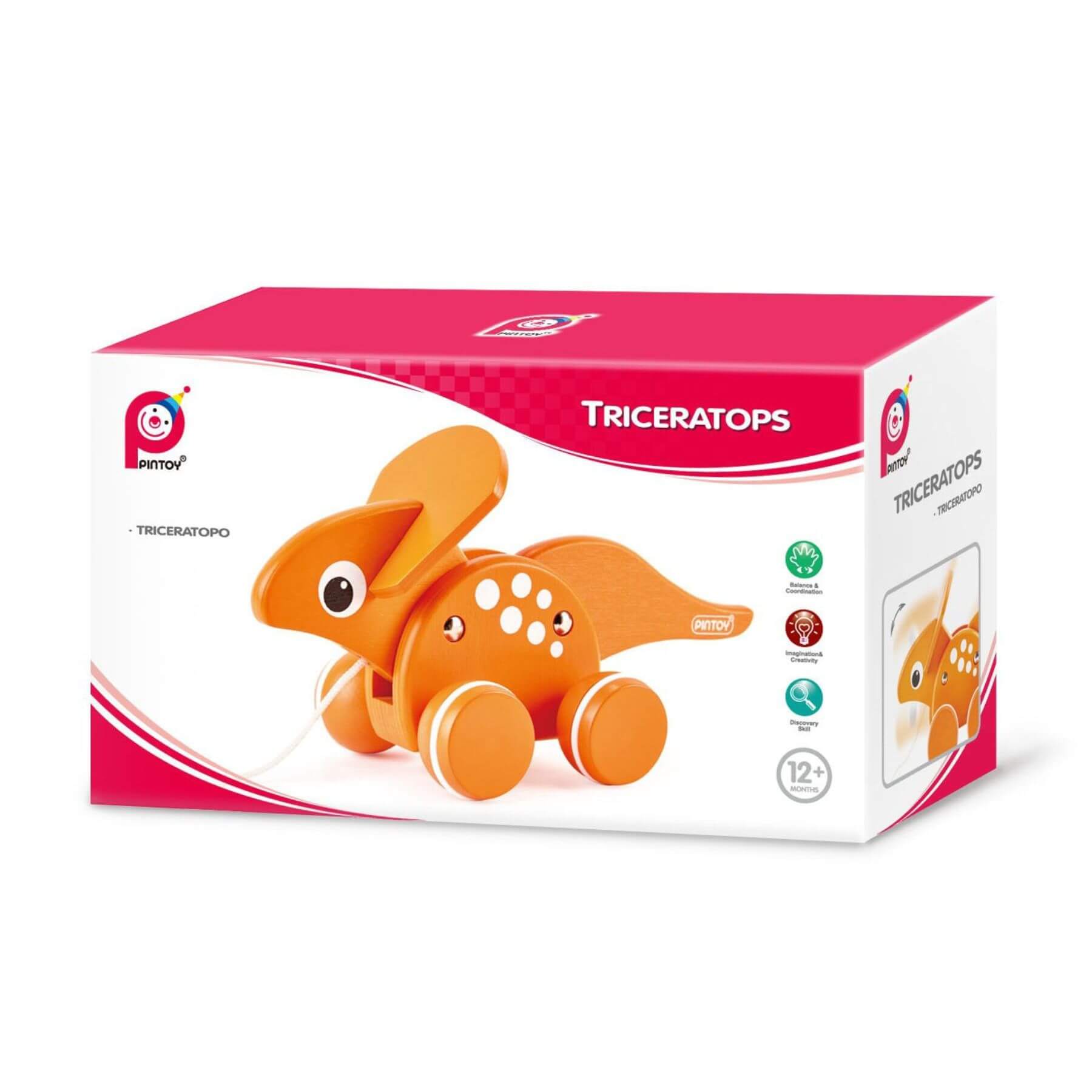 PinToy Triceratops Pull Along Toy - Package