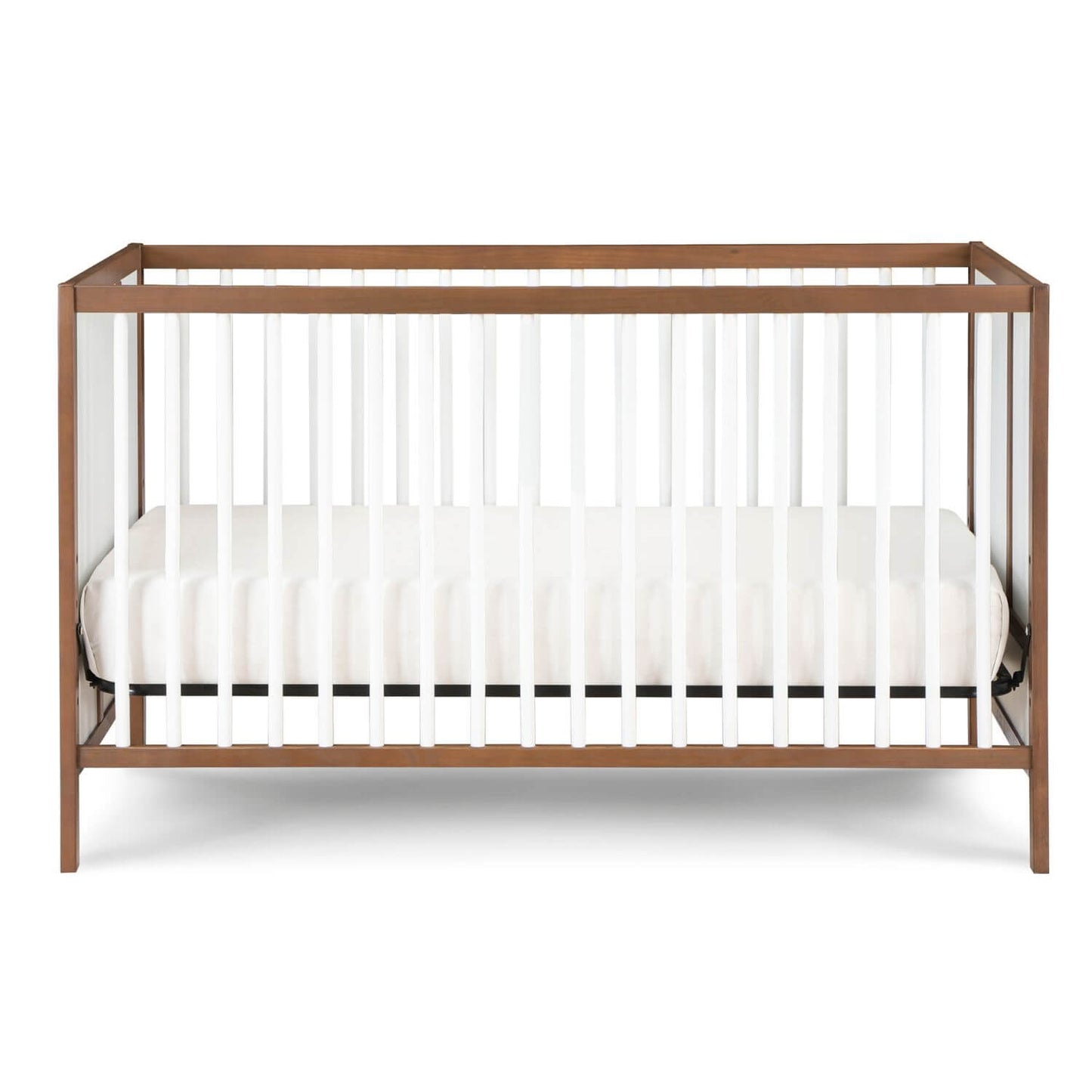 Front View of Pixie Finn 3-in-1 Crib in Walnut/White