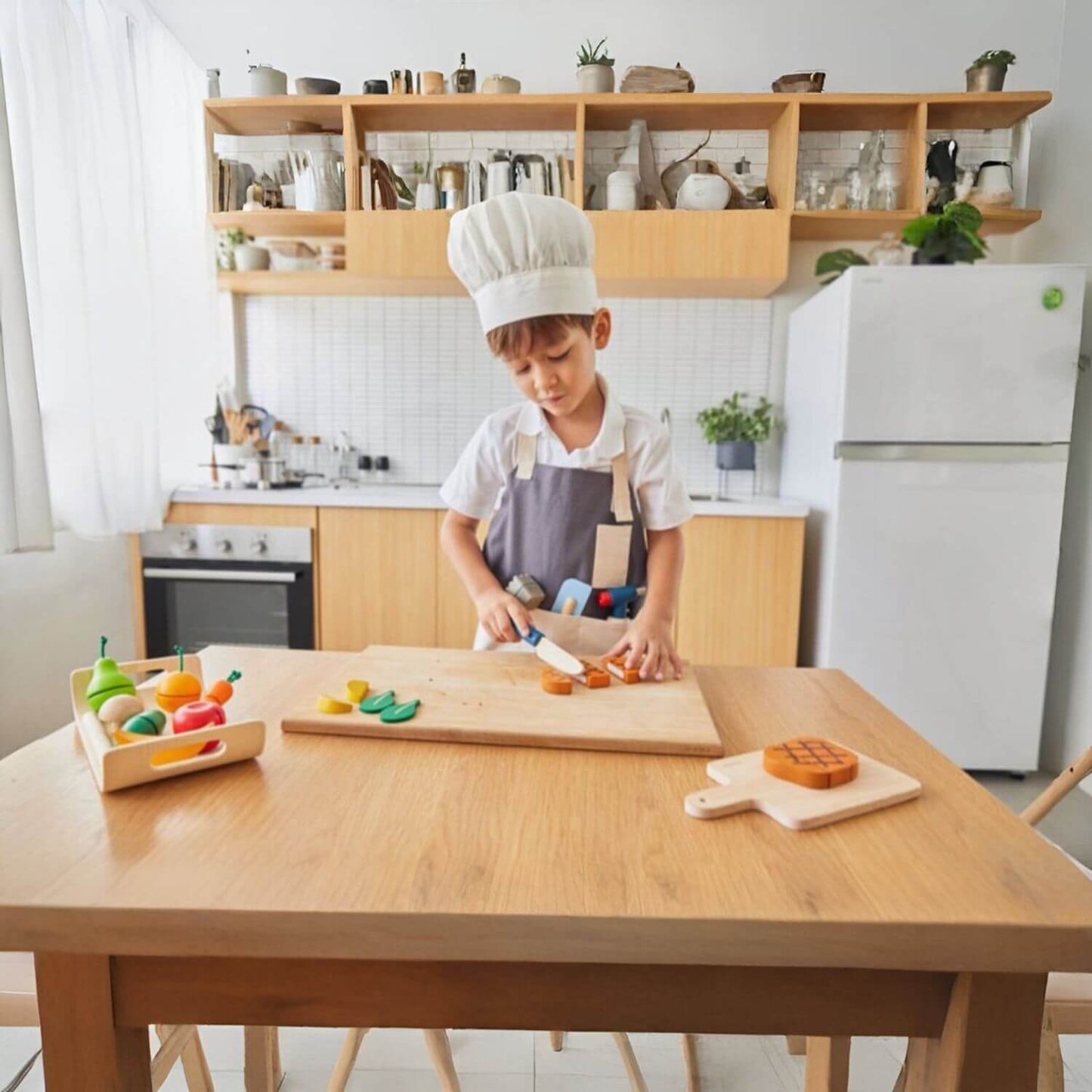 Boy Wearing PlanToys Chef Set to Cook