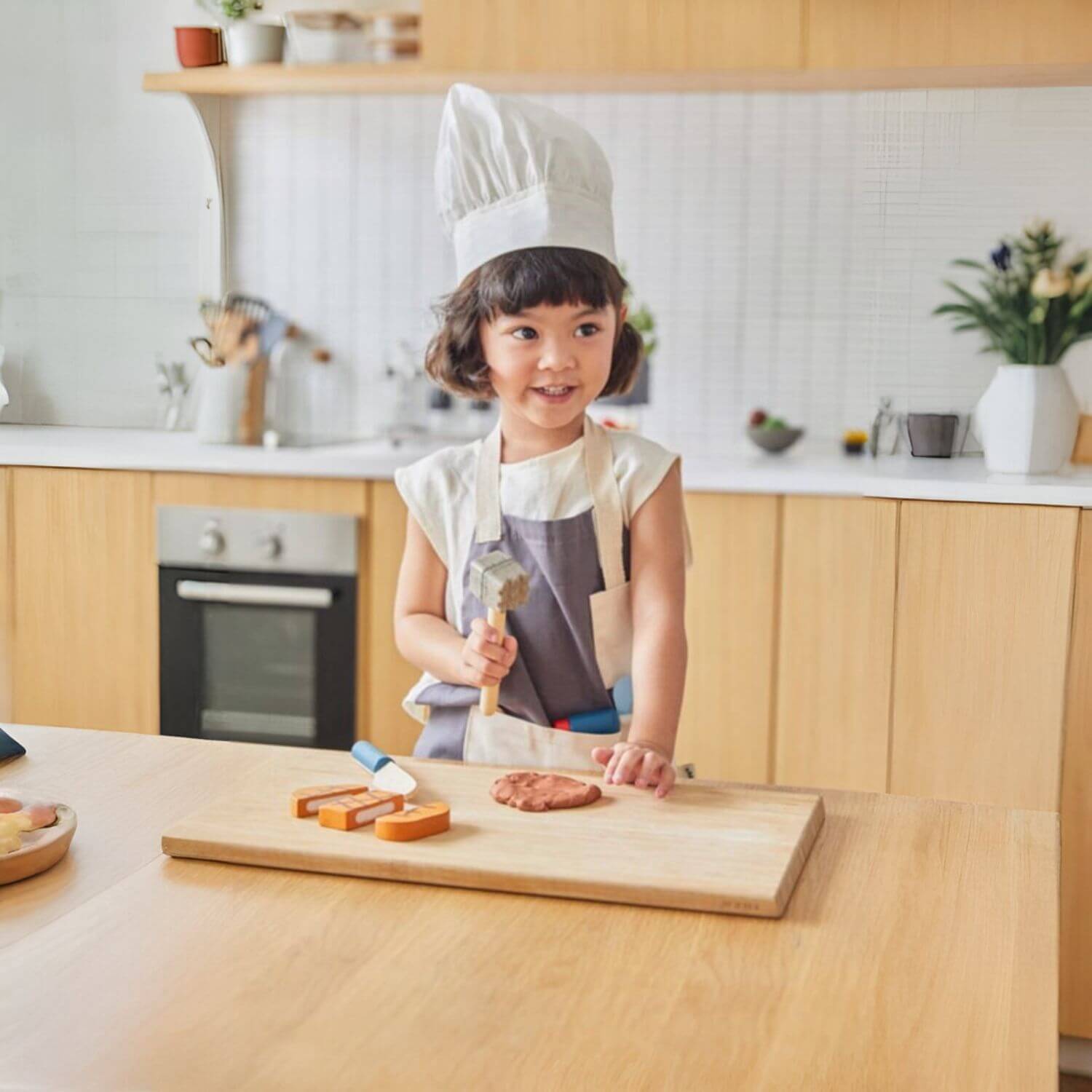 Girl Wearing PlanToys Chef Set to Cook