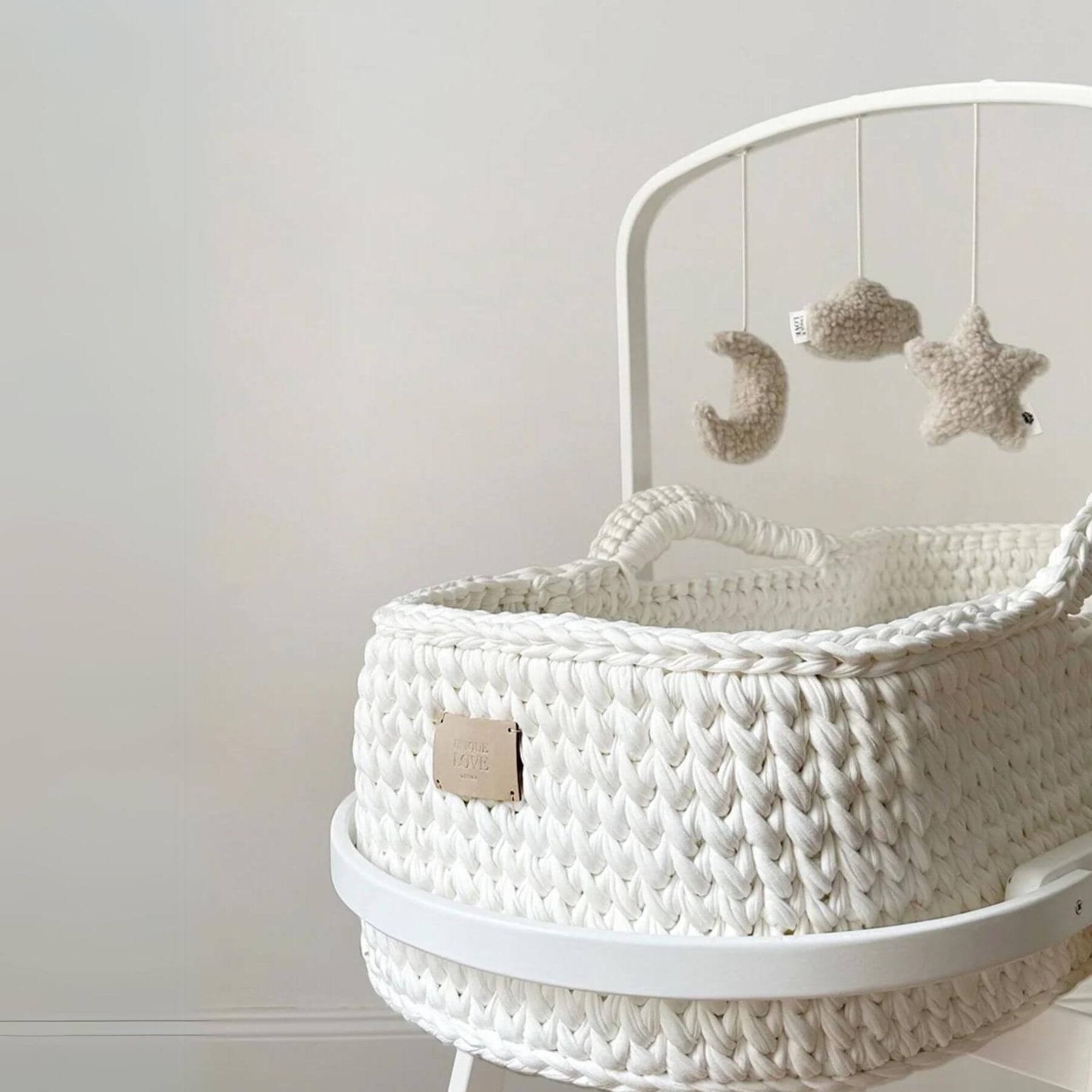 Unique Love Design Play Arch Set 'Love You to the Moon and Back' attached to Cradle, White and Soft Sand