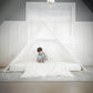 Boy Sitting Inside of Domestic Objects Play Tent Canopy No Doors, White, Crib/Cot