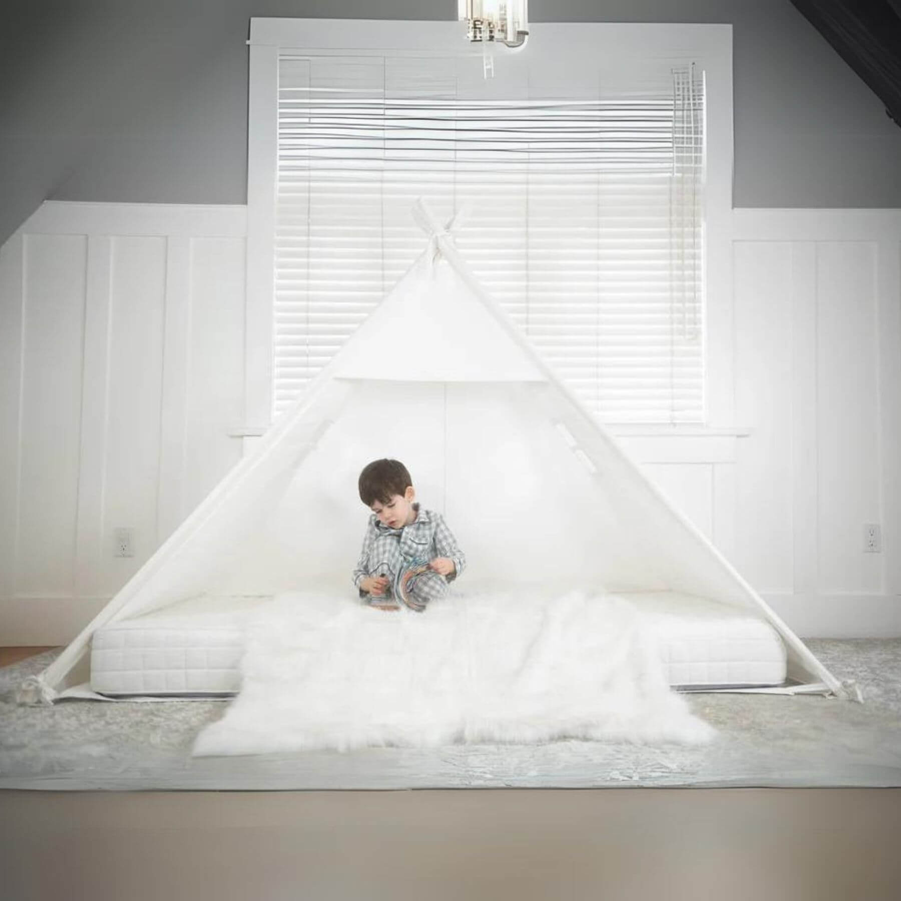 Boy Sitting Inside of Domestic Objects Play Tent Canopy No Doors, White, Crib/Cot