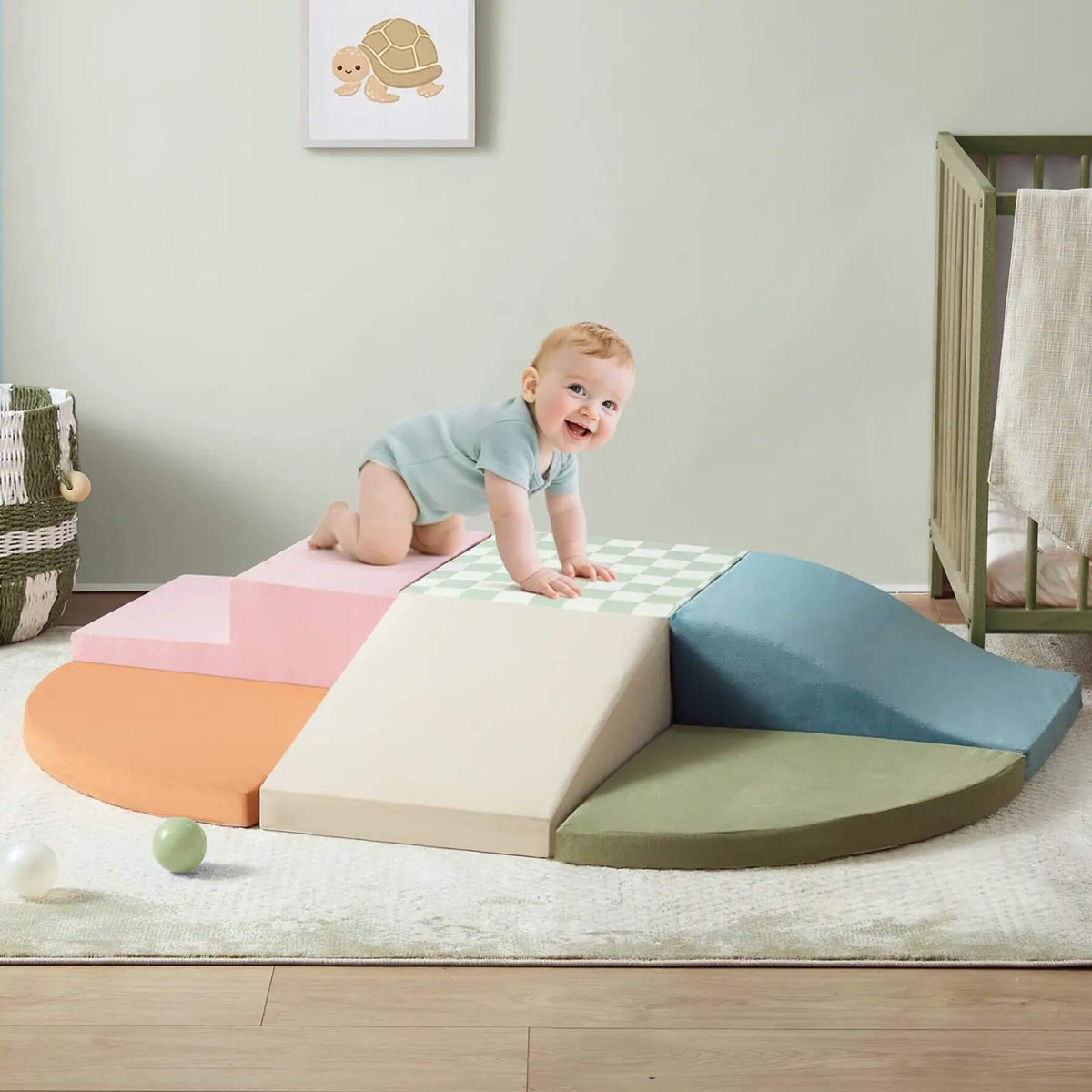 Baby climbing on Tiny Land® PlayNest Climbing Blocks - Morandi