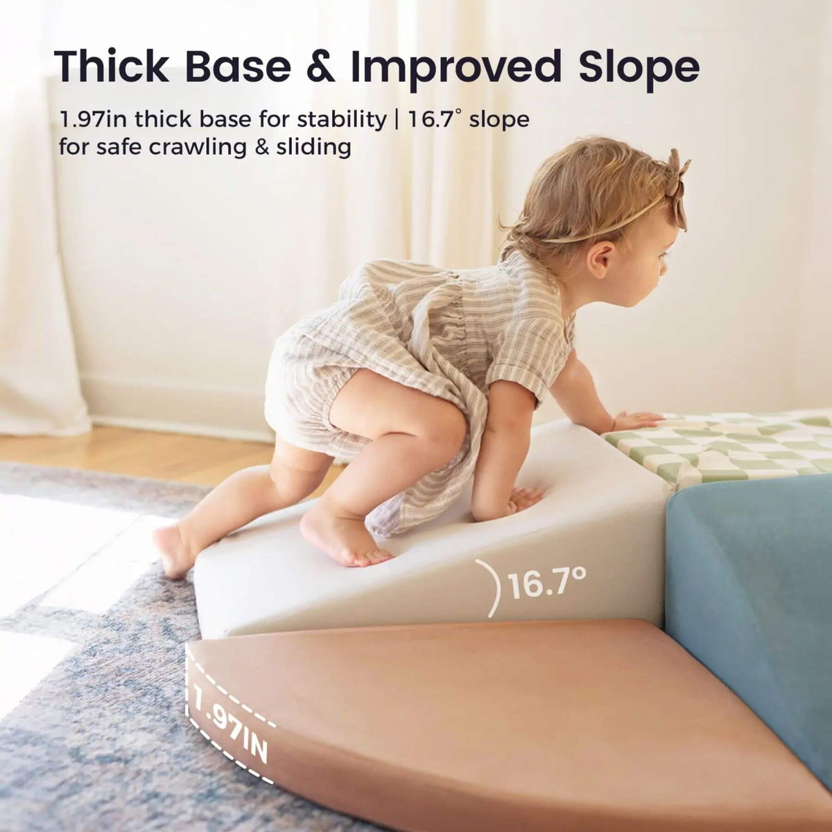 A baby climbing on Tiny Land® PlayNest Climbing Blocks - Morandi in a bright indoor room.