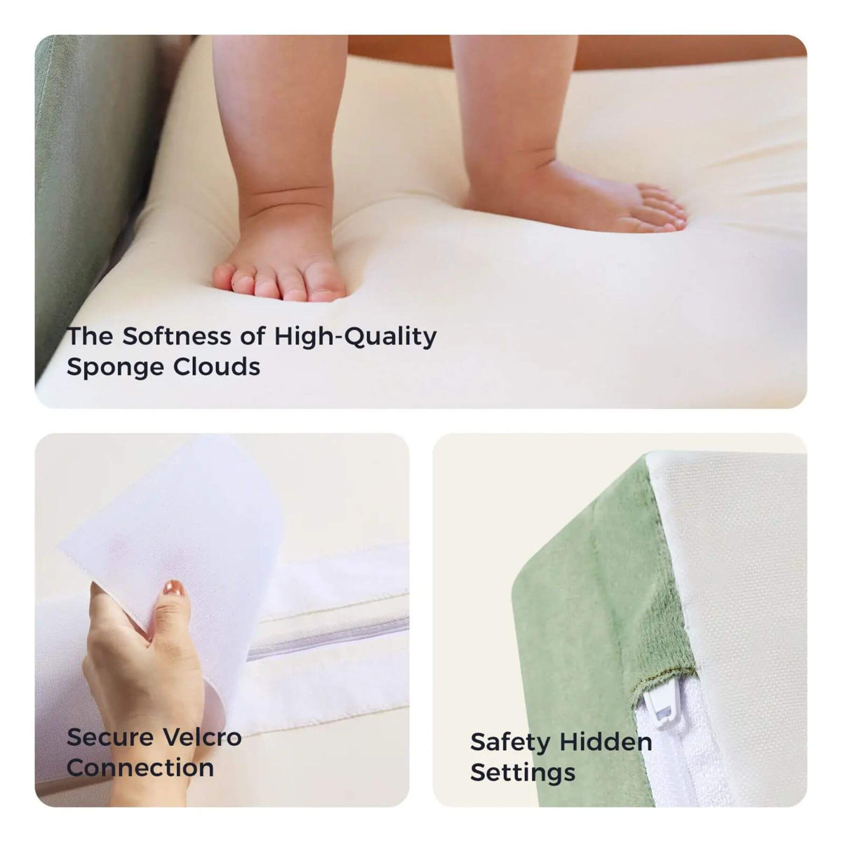 Three-panel product feature graphic for Tiny Land® PlayNest Climbing Blocks - Morandi