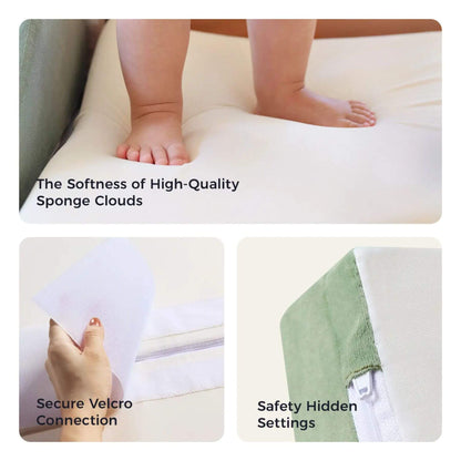 Three-panel product feature graphic for Tiny Land® PlayNest Climbing Blocks - Morandi
