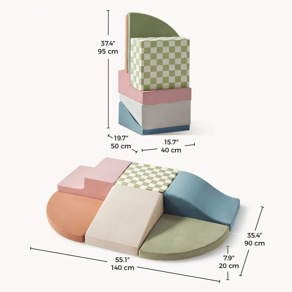 Tiny Land® PlayNest Climbing Blocks - Morandi with measurements on a white background
