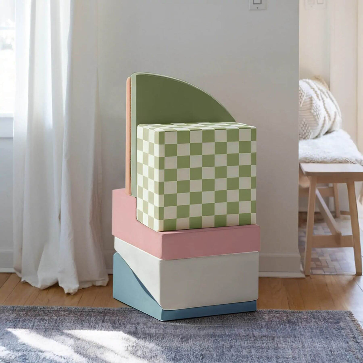 Tiny Land® PlayNest Climbing Blocks - Morandi, styled in a bright room.