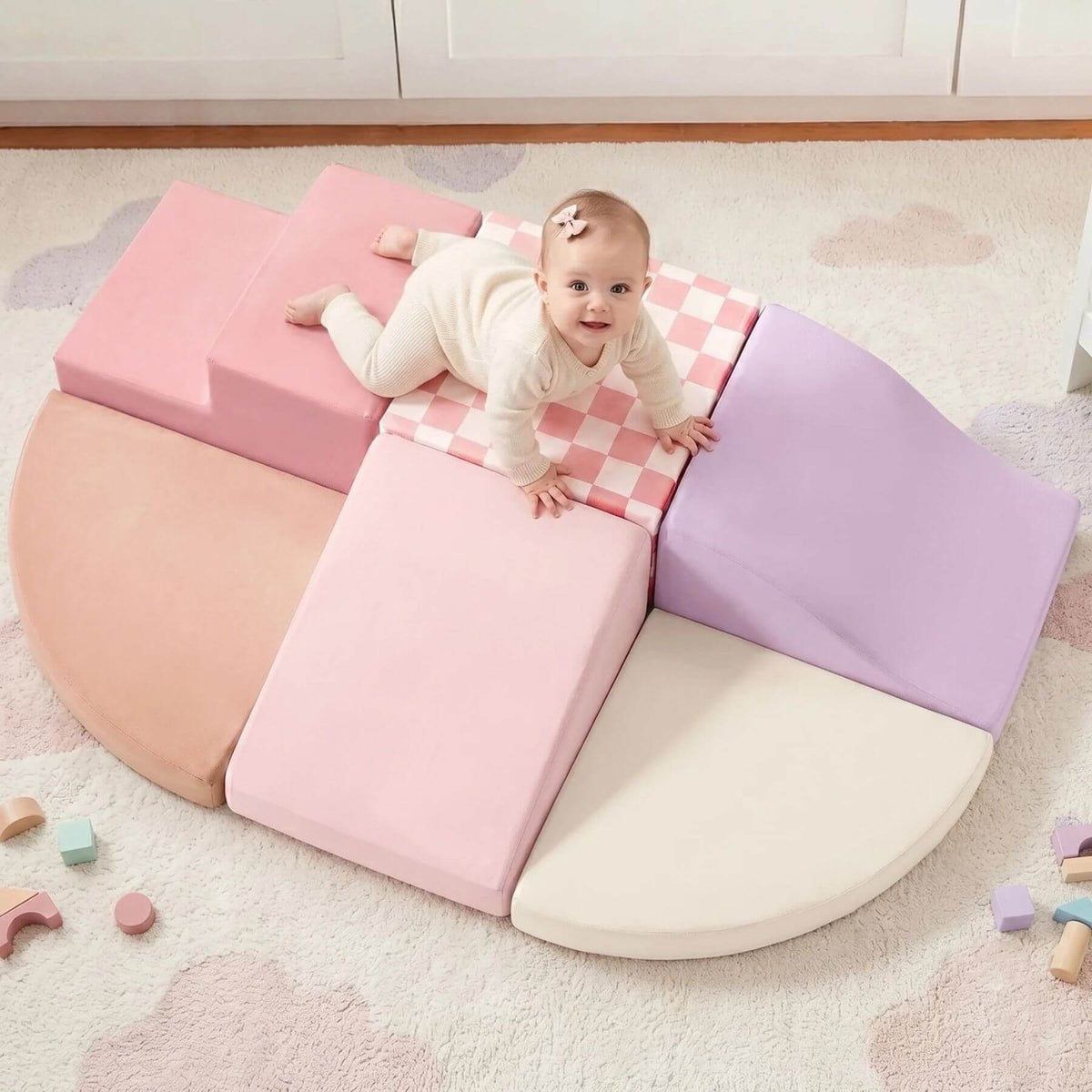 Baby playing on Tiny Land® PlayNest Climbing Blocks - Violet in a room.