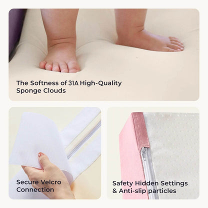 Product features including softness of high-quality sponge clouds, secure Velcro connection, and safety hidden settings with anti-slip particles.