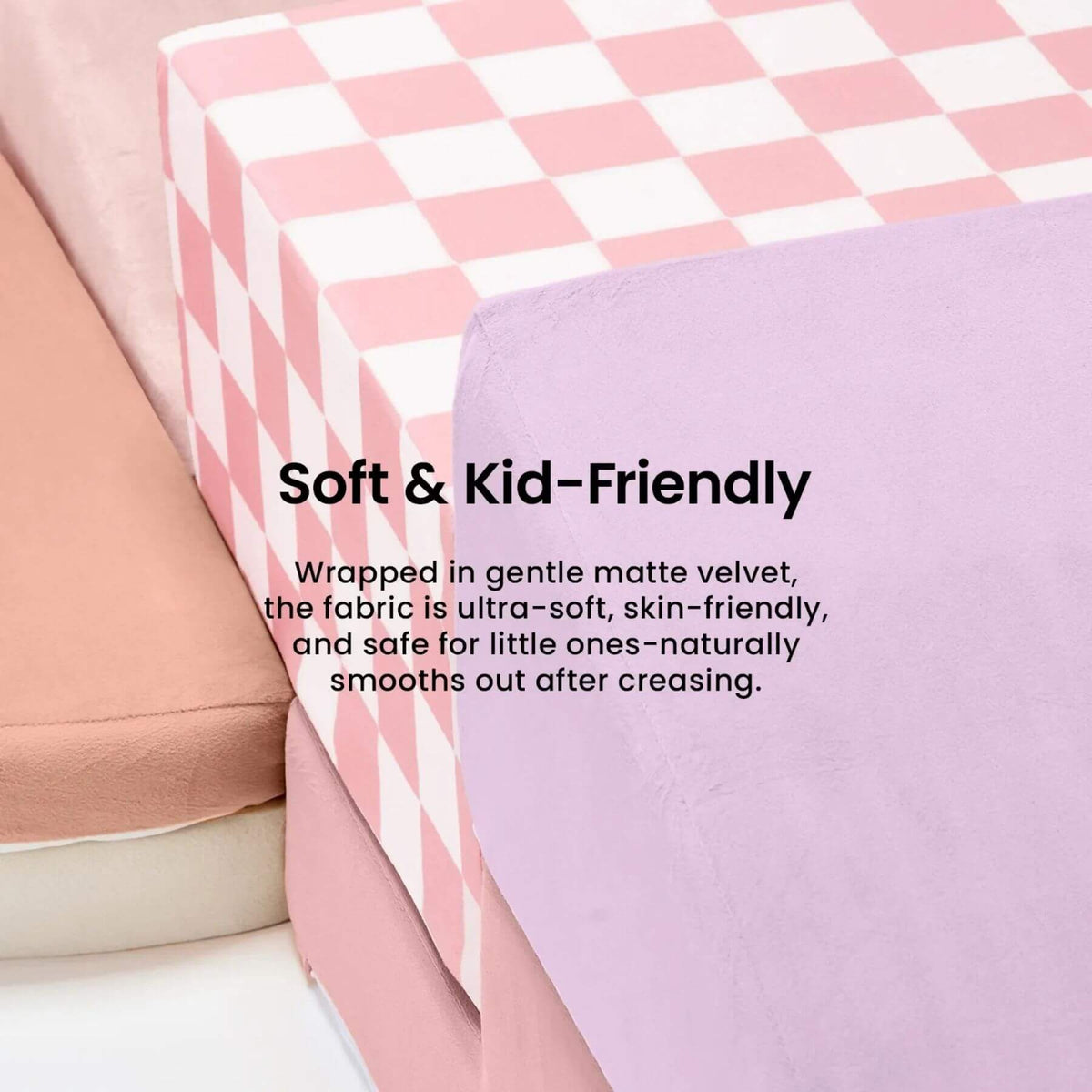 Text describing soft and kid-friendly fabric with a checkered pink and white background.