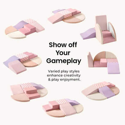 Colorful geometric building blocks on a white background with text about gameplay.