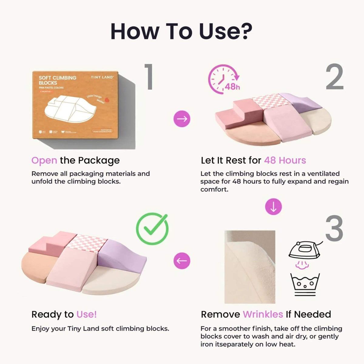 Instructions on how to use soft climbing blocks with images and text.