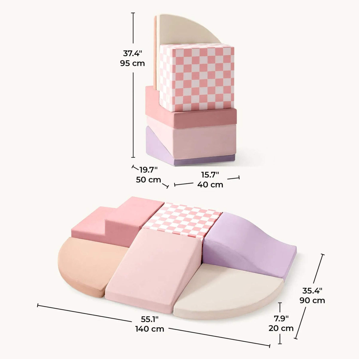 Tiny Land® PlayNest Climbing Blocks - Violet shown with dimension callouts on a light warm-gray background.