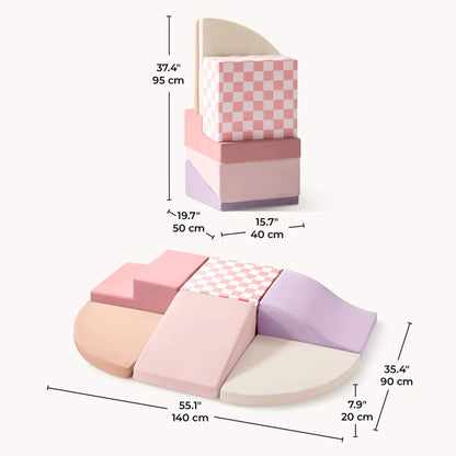 Tiny Land® PlayNest Climbing Blocks - Violet shown with dimension callouts on a light warm-gray background.