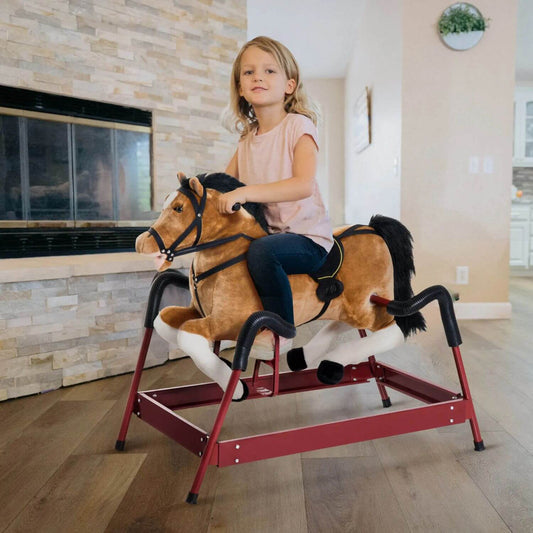 Girl Riding on Qaba Durable Kids Plush Spring Rocking Horse Brown