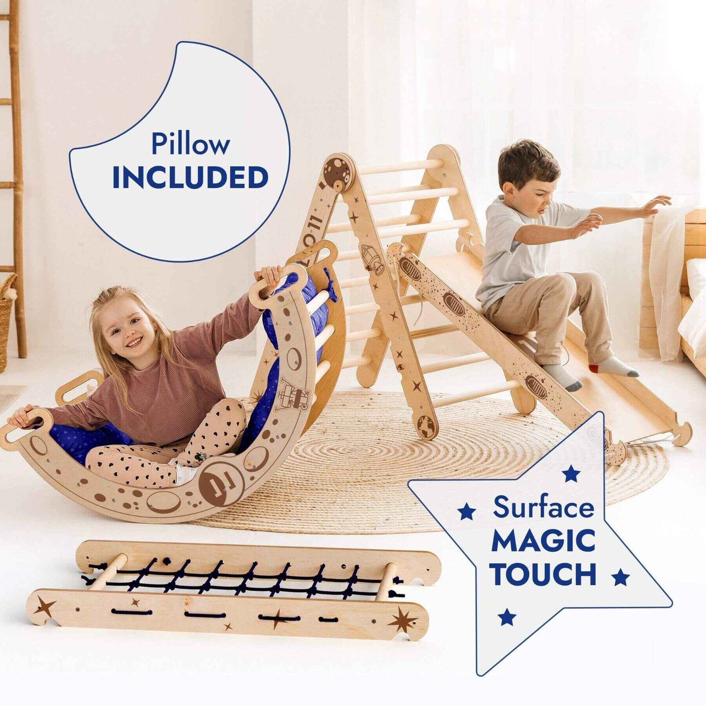 Children playing with a wooden climbing toy set in a room.