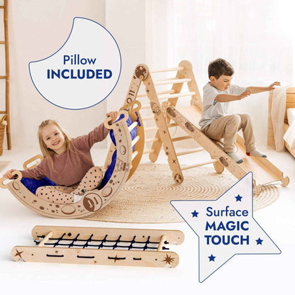 Children playing with a wooden climbing toy set in a room.